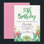 Succulent Cactus 30th Birthday invitation<br><div class="desc">Looking for a watercolor cactus or succulent 30th birthday invitation? This design features a brush watercolor calligraphy heading that can't be altered and some flowering cacti and a succulent in the lower half of the design. I've also added some faux gold grunge texture around the top and sides of the...</div>