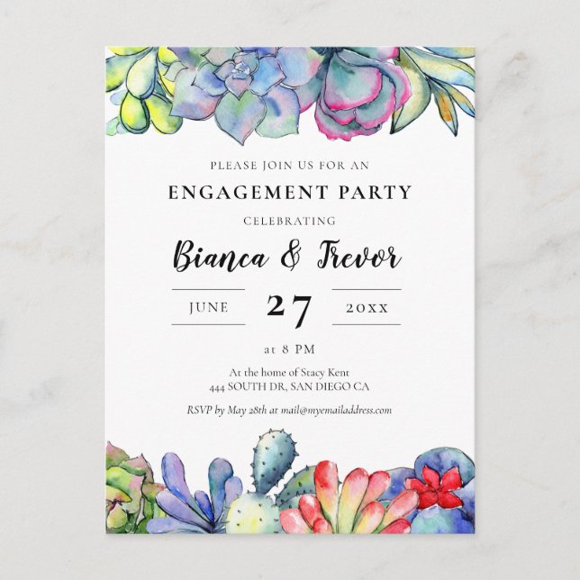 Succulent cactus engagement party invitation postcard (Front)