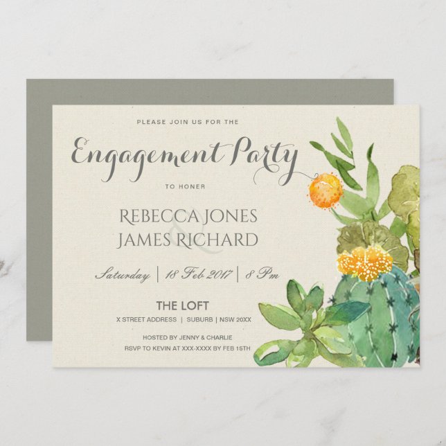 SUCCULENT CACTUS FLORAL GARDEN ENGAGEMENT INVITATION (Front/Back)