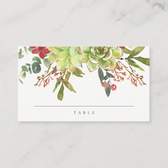 Succulent Cactus Floral Red Watercolor Wedding Place Card (Front)