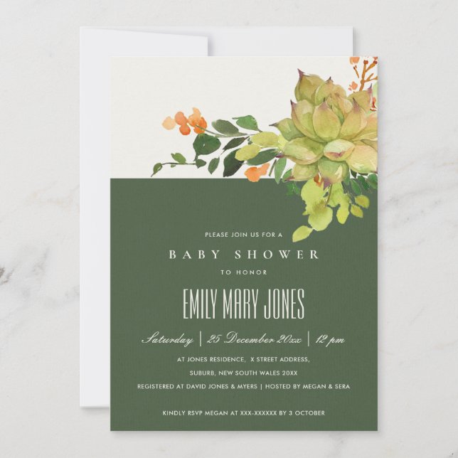 SUCCULENT CACTUS FLORAL WATERCOLOR BABY SHOWER INVITATION (Front)