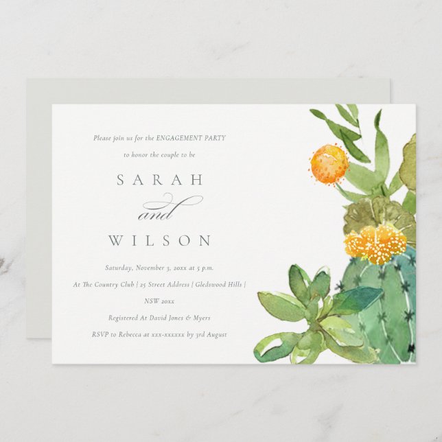SUCCULENT CACTUS FLORAL WATERCOLOR ENGAGEMENT INVITATION (Front/Back)