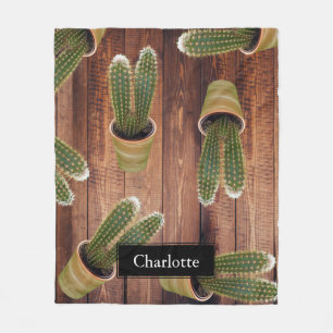 Succulent Cactus in Pots and Dark Wooden Planks Fleece Blanket