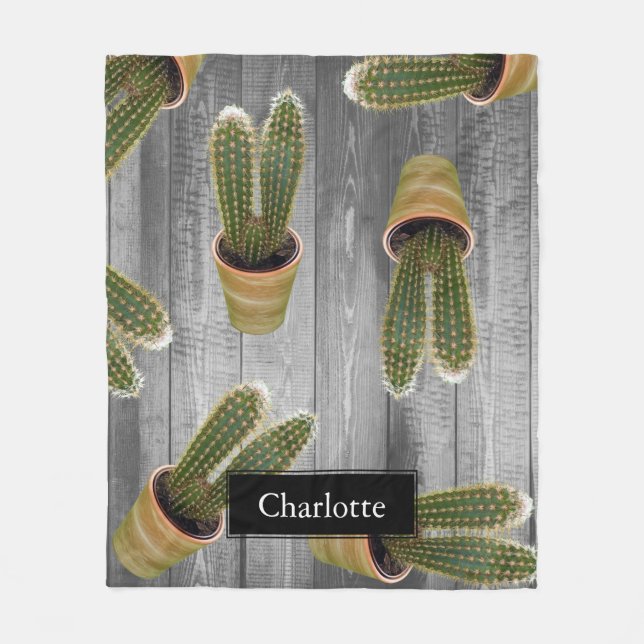 Succulent Cactus in Pots and Grey Wooden Planks Fleece Blanket (Front)