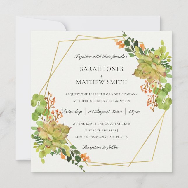 SUCCULENT CACTUS ORANGE FLORAL  WATERCOLOR WEDDING INVITATION (Front)