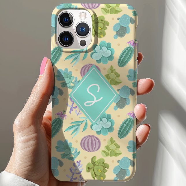 Succulent Cactus Plant Pattern Cute Monogram iPhone 15 Case (Creator Uploaded)