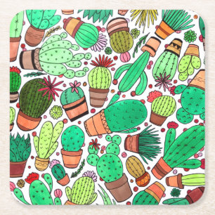 Succulent Cactus Potted Plants Green Cacti Garden Square Paper Coaster