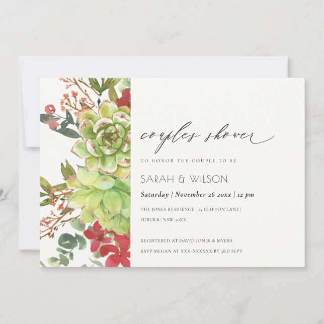 Succulent Cactus Red Floral Couples Shower Invite (Front)