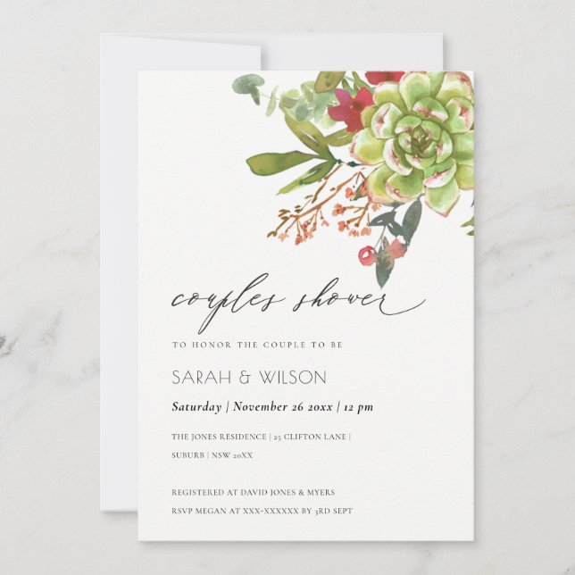Succulent Cactus Rouge Floral Couples Invitation d (Devant)