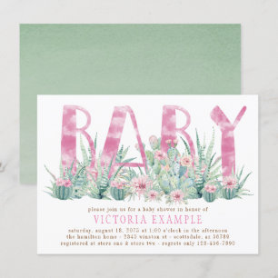 Succulent Cactus Watercolor Baby Girl Shower Invitation