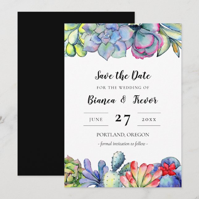 Succulent cactus watercolor Save the date Invitation (Front/Back)