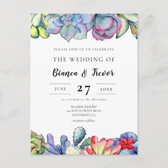 Succulent cactus watercolor wedding invitation postcard (Front)