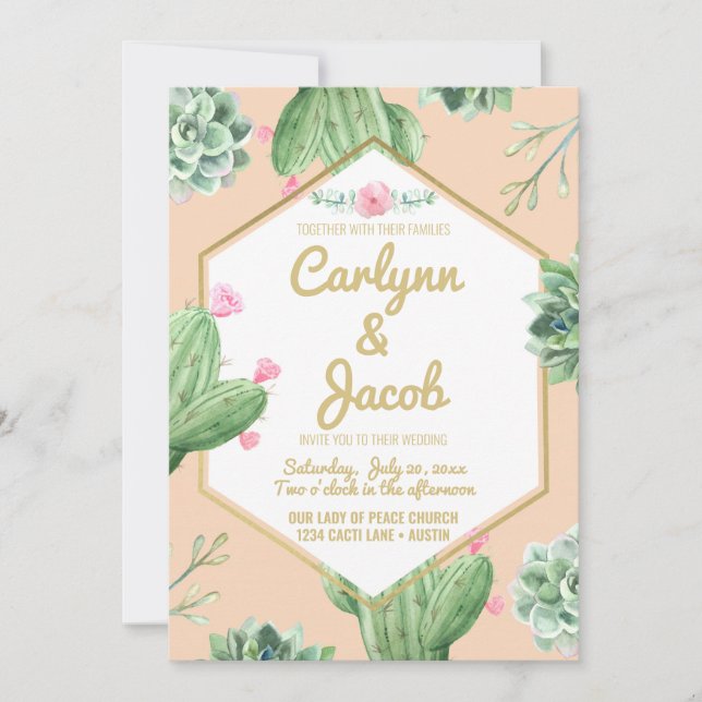 Succulent Cactus Wedding Invitation Gold and Pink (Front)