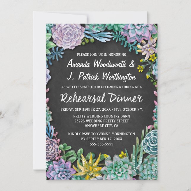 Succulent Chalkboard Rehearsal Dinner Invitations (Front)
