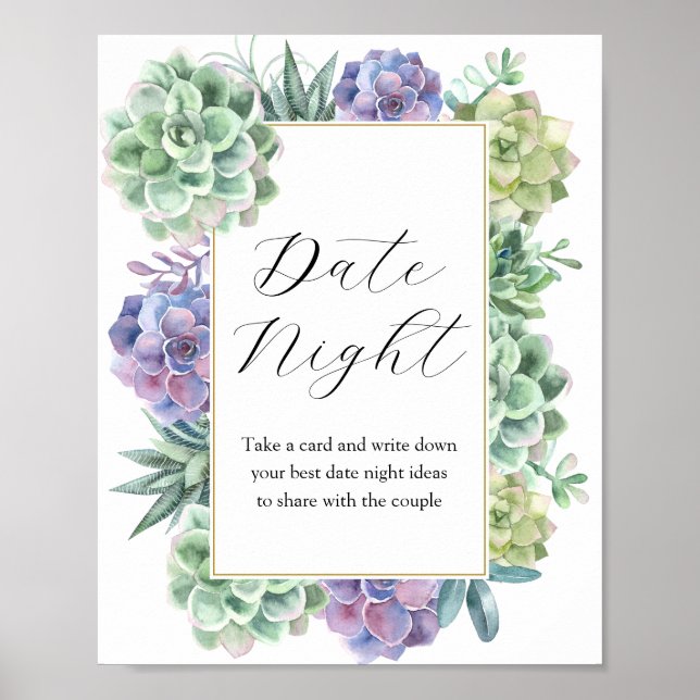 Succulent Date Night Ideas Bridal Shower Sign (Front)