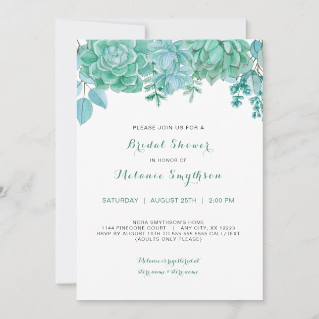 Succulent et eucalyptus invitation de douche nupti (Devant)