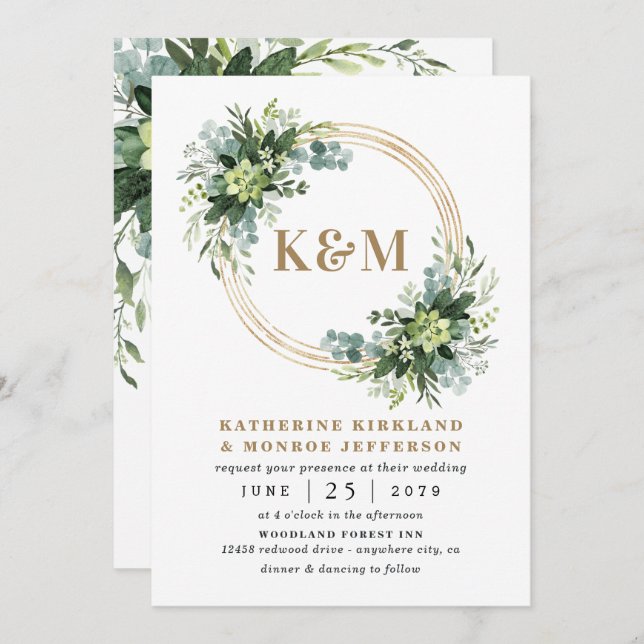 Succulent Eucalyptus Elegant Boho Greenery Wedding Invitation (Front/Back)