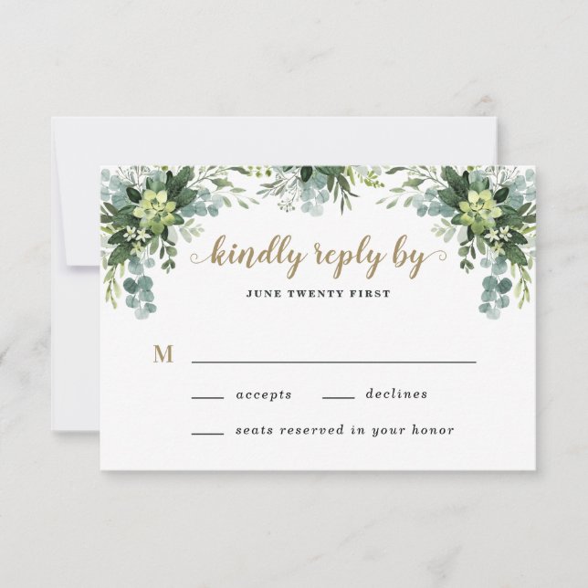 Succulent Eucalyptus Elegant Boho Greenery Wedding RSVP Card (Front)
