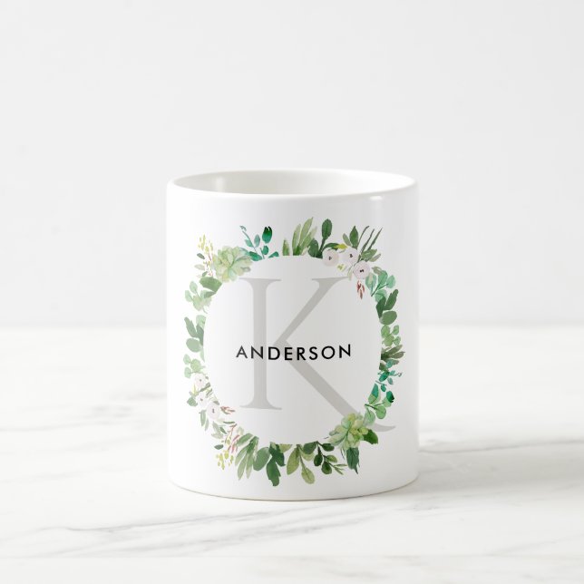 SUCCULENT EUCALYPTUS FOLIAGE WATERCOLOR MONOGRAM COFFEE MUG (Center)