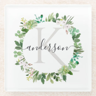 SUCCULENT EUCALYPTUS FOLIAGE WATERCOLOR MONOGRAM GLASS COASTER