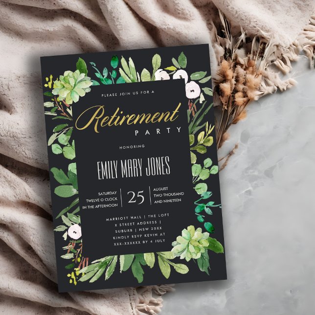SUCCULENT EUCALYPTUS FOLIAGE WATERCOLOR RETIREMENT INVITATION (Creator Uploaded)
