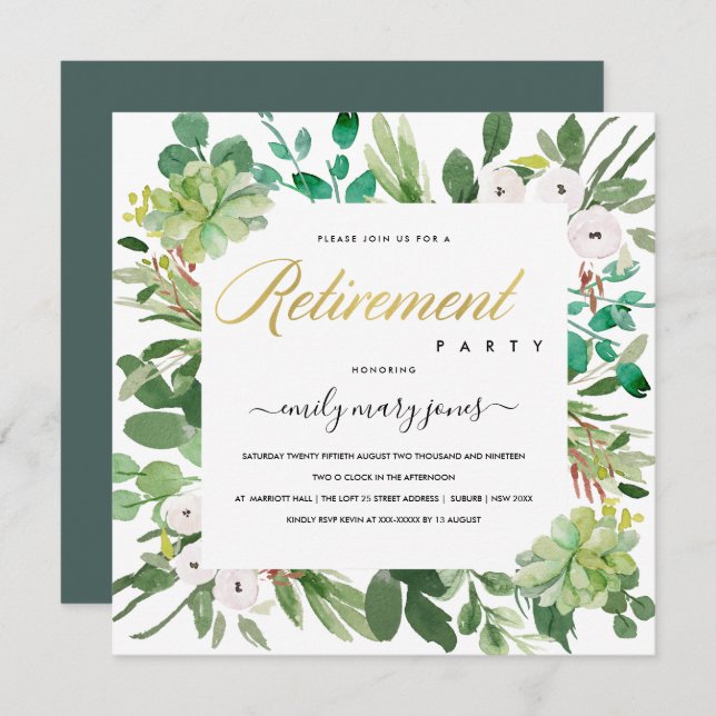 SUCCULENT EUCALYPTUS FOLIAGE WATERCOLOR RETIREMENT INVITATION (Front/Back)