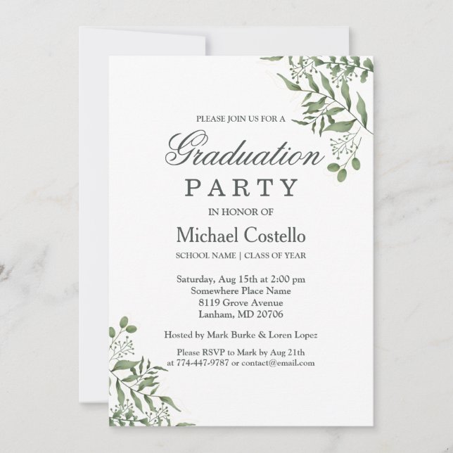 Succulent Eucalyptus Leaves Graduation Party Invitation (Front)