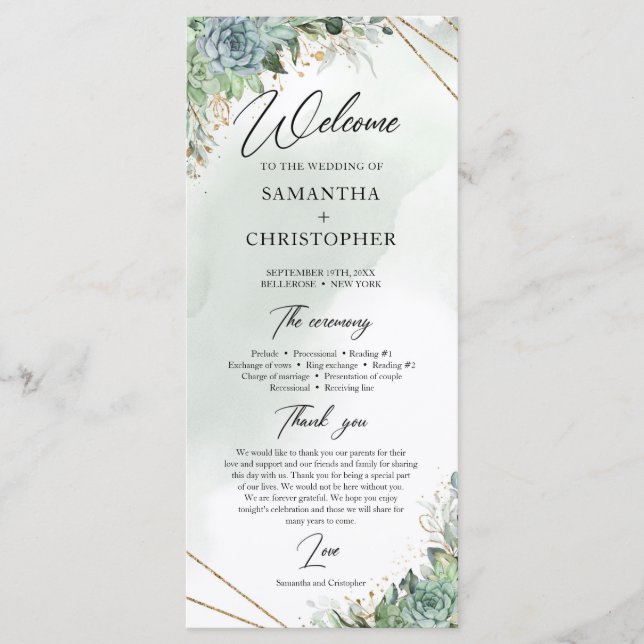 Succulent eucalyptus programme de mariage cadre or (Devant)