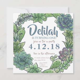 Succulent First Birthday Invitation Card