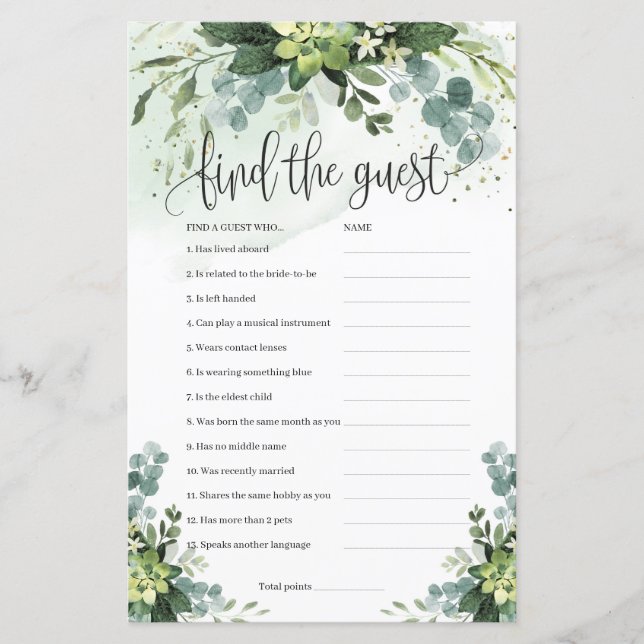 Succulent floral greenery find the guest game (Front)