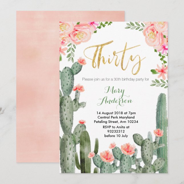 Succulent Floral Thirty 30th Birthday Invitation (Front/Back)