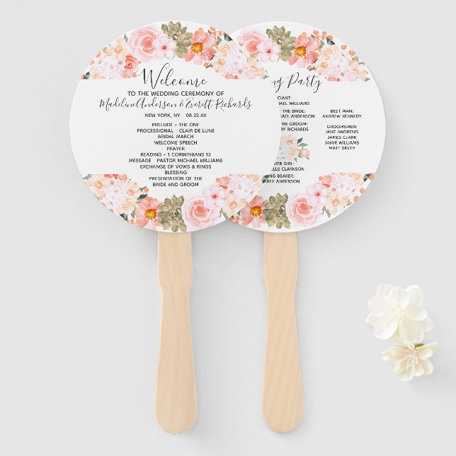 Succulent Floral Wreath Wedding Ceremony Program Hand Fan (Front and Back)