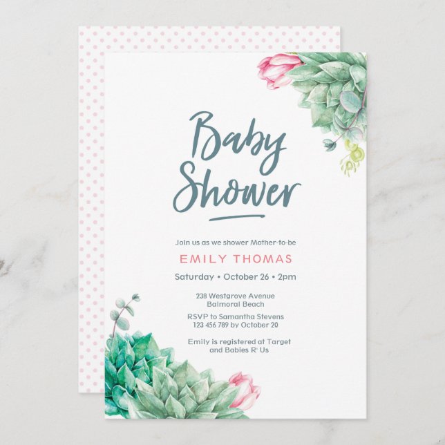 Succulent florals Girl Baby Shower Invitation (Front/Back)