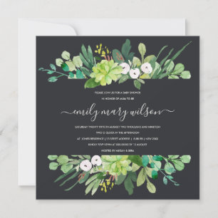 SUCCULENT FOLIAGE FRAME WATERCOLOR BABY SHOWER INVITATION