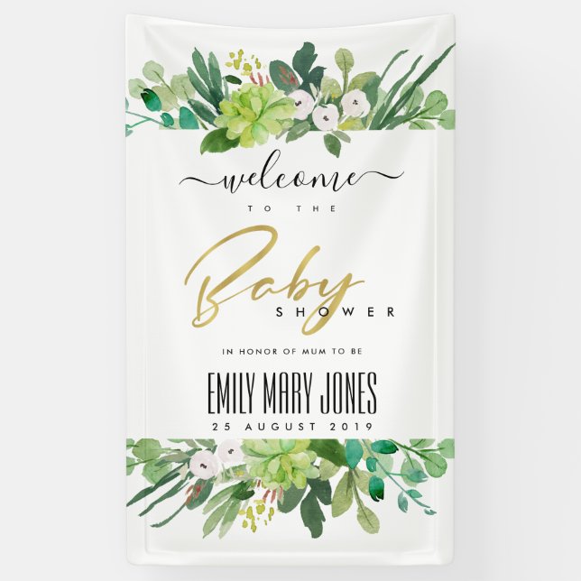 SUCCULENT FOLIAGE WATERCOLOR BABY SHOWER WELCOME BANNER (Vertical)