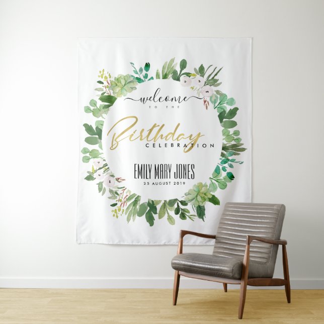 SUCCULENT FOLIAGE WATERCOLOR BIRTHDAY WELCOME TAPESTRY (In Situ)