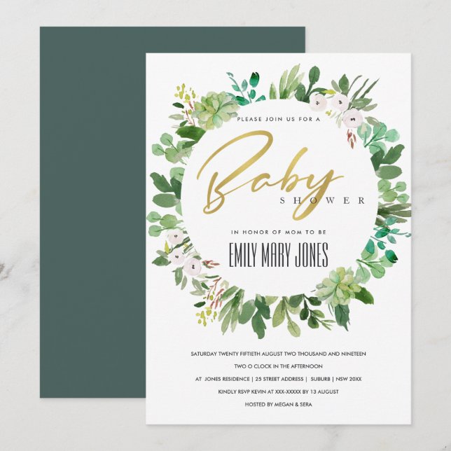 SUCCULENT FOLIAGE WREATH WATERCOLOR BABY SHOWER INVITATION (Front/Back)