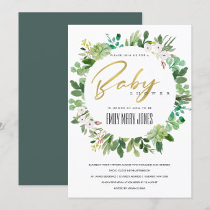 SUCCULENT FOLIAGE WREATH WATERCOLOR BABY SHOWER INVITATION