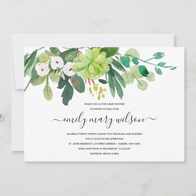 SUCCULENT FOLIAGE WREATH WATERCOLOR BABY SHOWER INVITATION (Front)