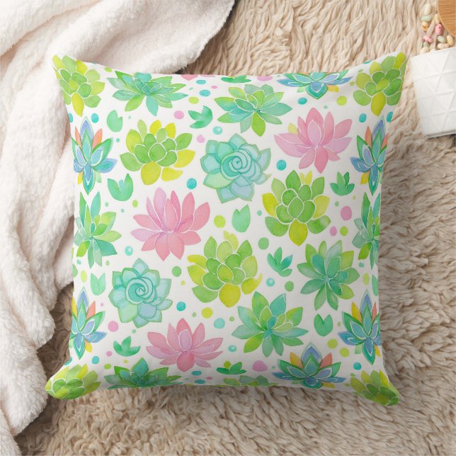 Succulent garden in pastel watercolor pattern throw pillow (Blanket)
