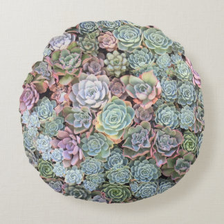 Succulent Garden Mix Sempervivum Round Pillow