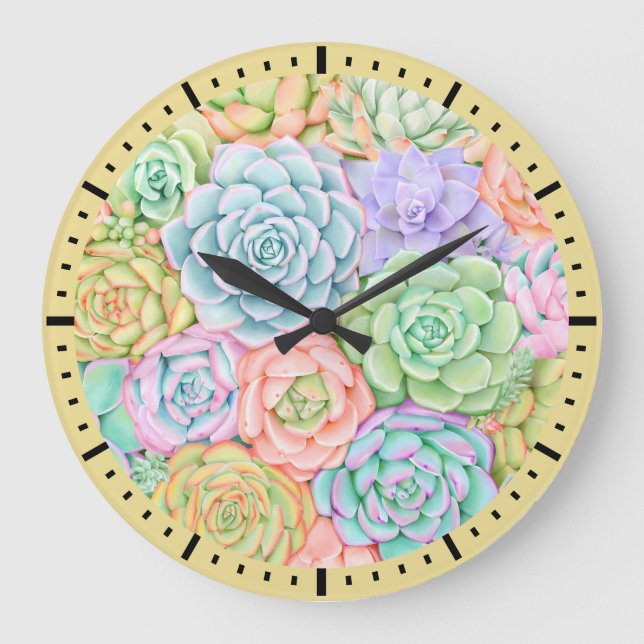 Succulent Garden Watercolor Colourful Pastel Large Clock (Front)