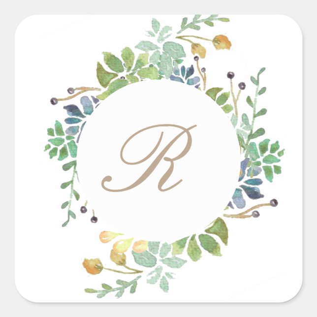 Succulent Garden | Watercolor Initial Square Sticker (Front)