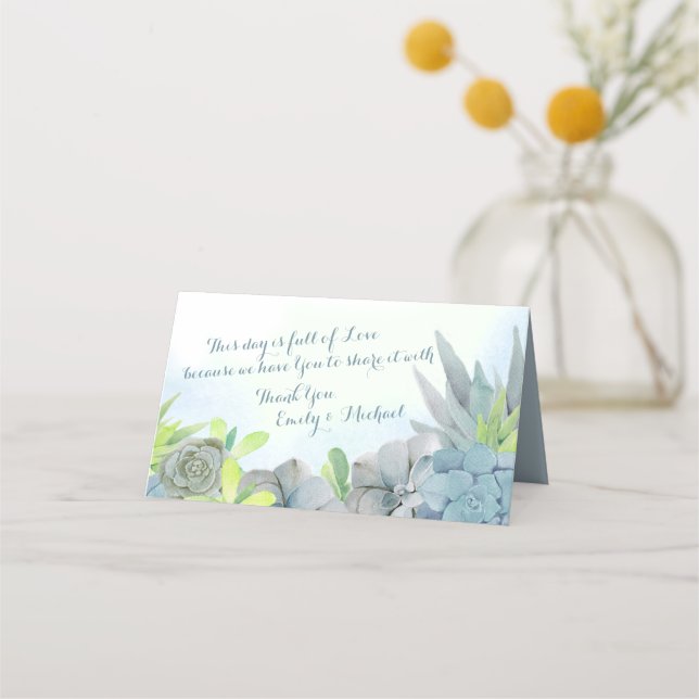 Succulent Garden Watercolor Steel Blue Place Card (Back)