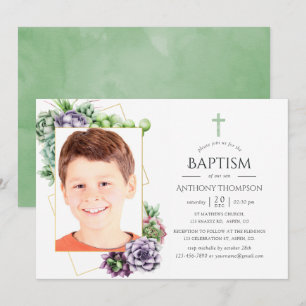 Succulent Geometric Baptism or Christening Photo Invitation