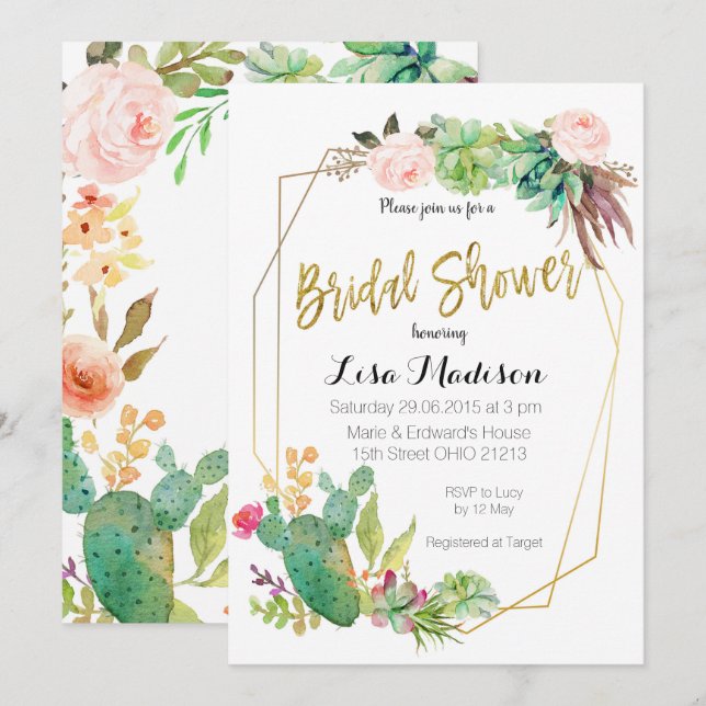 Succulent Geometric Frame Bridal Shower Invitation (Front/Back)
