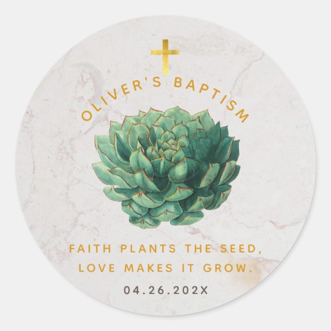 Succulent Gold Faith Plants the Seed Baptism Favou Classic Round Sticker (Front)