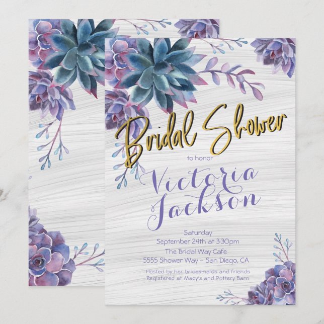 Succulent Gold Foil Watercolor Bridal Shower Invitation (Front/Back)