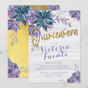 Succulent Gold Foil Watercolor Quinceañera Invitation