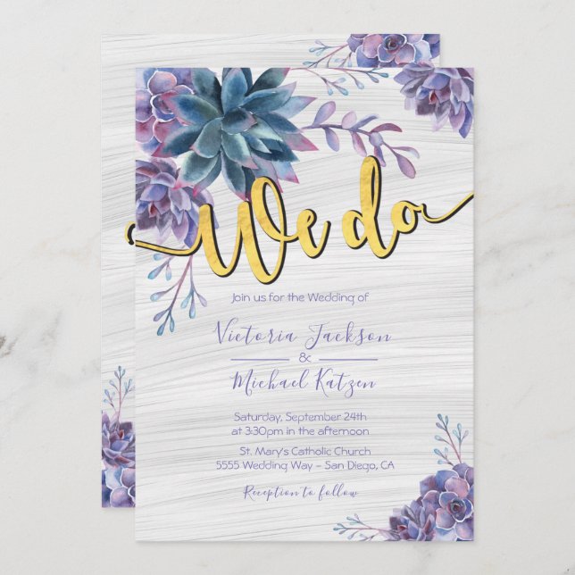 Succulent Gold Foil Watercolor Wedding invitations (Front/Back)